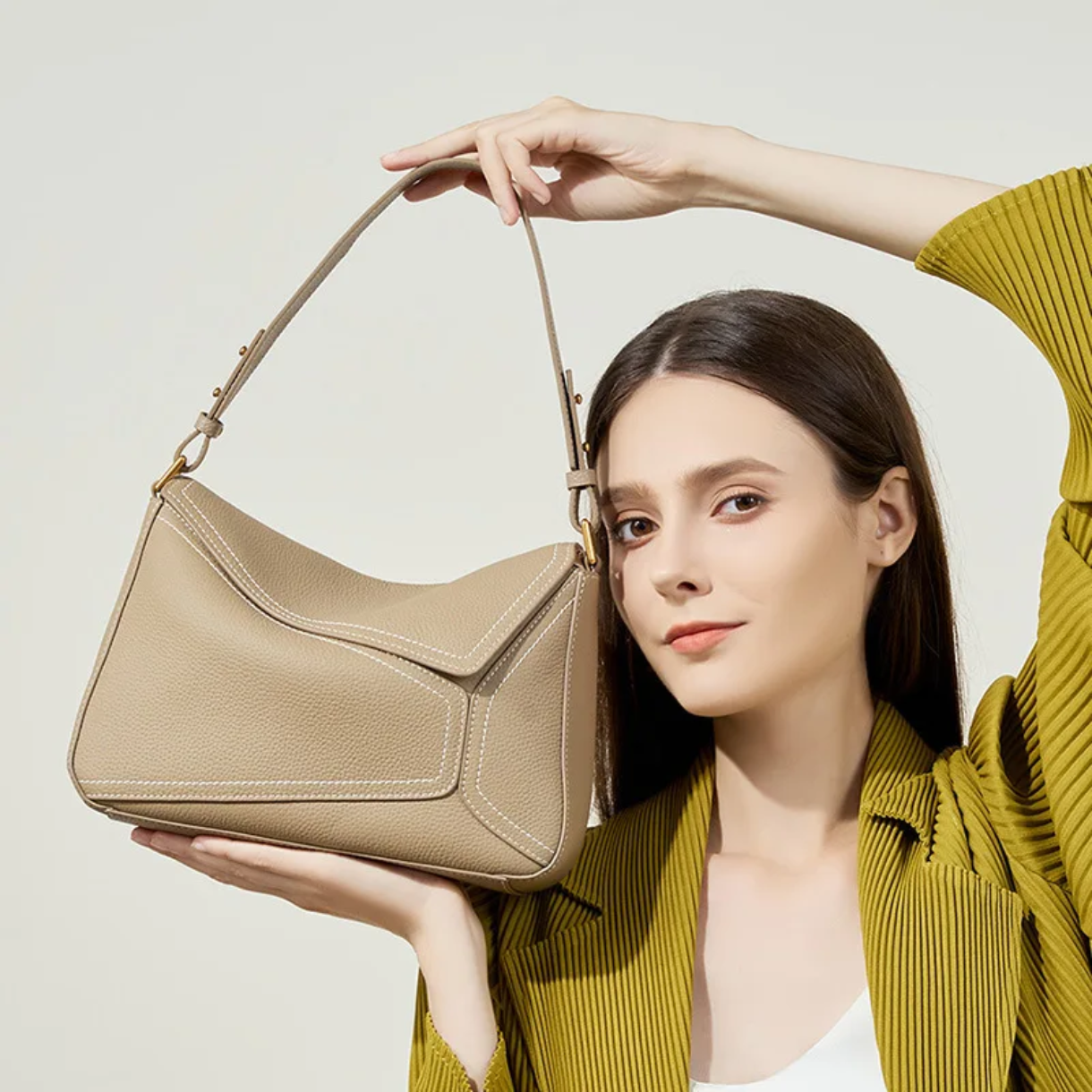 Raymond Lebeck Geometric Patchwork Cowhide Handbag-Elegant Beige